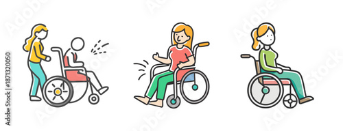 Set of three icons depicting women in wheelchairs, disability awareness