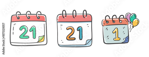 Hand-drawn calendar icons showing dates 21 and 1 with balloons