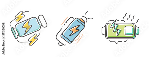 Set of three battery charging icons with lightning bolts and energy.