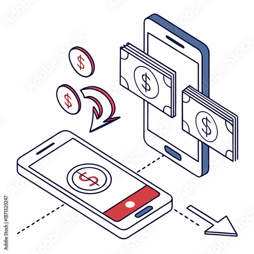 Digital transaction scene of two smartphones exchanging money