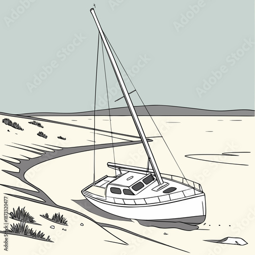Abandoned sailboat on sandy beach with sparse vegetation