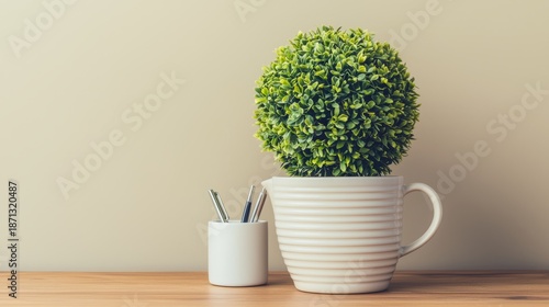 A decorative plant in a striped pot alongside a pen holder on a table.