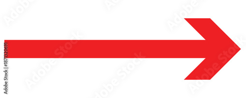 Vector trendy long red arrow. Red horizontal long arrow vector. Red long arrow pointing to right in site on isolated white  background.  Straight line long arrow .