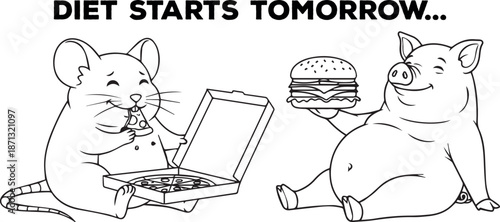 Funny diet starts tomorrow cartoon illustration with cute mouse and pig eating pizza and burger, humorous food addiction, procrastination, unhealthy lifestyle concept