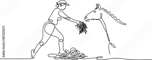 Single continuous line drawing female farmer stomped one of its feet into the curled hay as it was about to feed the horse. Farming minimalism concept.one line vector illustration with out background