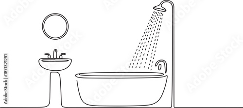 Single continuous line drawing mini bathtub with shower and sink. Simple layout at bathroom. Classic that gives an elegant impression.one line vector illustration with out background
