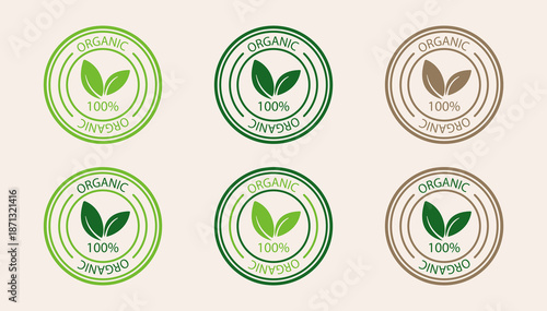 Eco Organic Label and Badge Set, Green Bio Symbols for Natural Food and Cosmetic Products, Sustainable Vegan Emblems, Vector Illustration