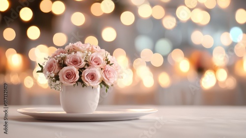 A delicate floral arrangement in a soft-focus setting with warm lights.