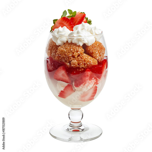 Delicious Dessert With Strawberries, Whipped Cream, and Fried Dough in a Glas...