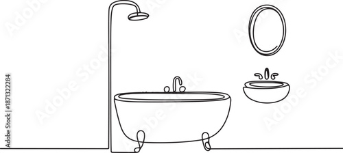 Single continuous line drawing mini bathtub with shower and sink. Simple layout at bathroom. Classic that gives an elegant impression.one line vector illustration with out background