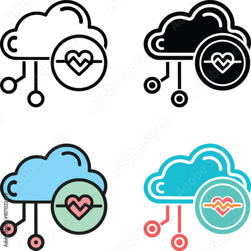 Cloud health data vector icon with heart monitor symbol for telemedicine and online pharmacy services. Ideal for medical data sync, remote monitoring, digital healthcare platforms, and pharmacy cloud.