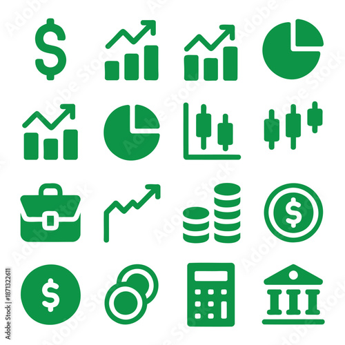 Finance and business icons set money, charts, graphs, calculator, bank, and portfolio symbols