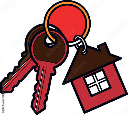 A set of red house keys on a keychain with a house shaped key