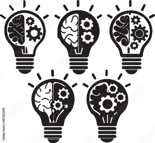 Idea generation concept. Brain and gears in lightbulb. Vector illustration of human mind and intelligence metaphor. Innovation.