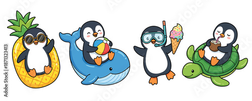 Penguins on summer vacation fun activities with inflatables and treats