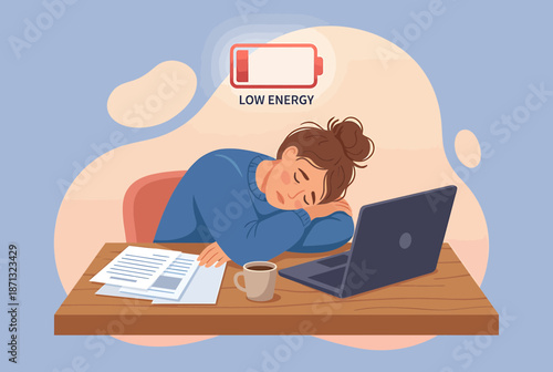 Woman feeling low energy while working on laptop at desk