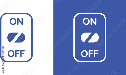 Blue and white toggle switch on white and blue backgrounds