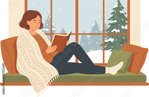 Cozy Winter Scene of a Woman Reading a Book on a Window Seat Wrapped in a Knitted Blanket in Snow