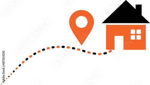 A graphic illustration of a house with a location pin and a dotted path on a for navigation and mapping concepts