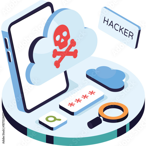 Smartphone cybersecurity threat with skull and crossbones icon