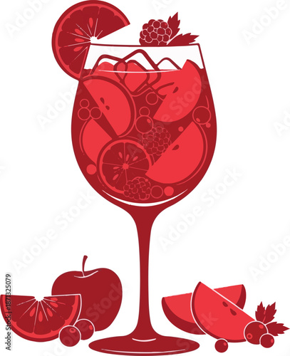 Red Sangria Wine Glass Vector Illustration with Apple Slices, Berries, and Citrus Fruit