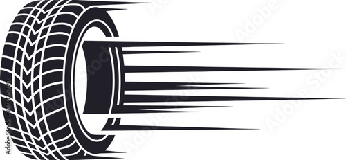 Black tire with motion lines on, symbolizing speed and movement in a dynamic graphic design