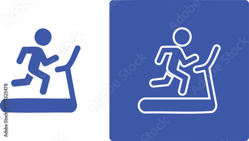 Blue running person on treadmill on white and blue backgrounds