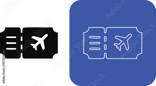 Black and white airplane ticket on white and blue backgrounds