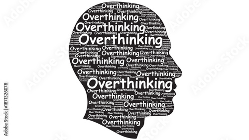Conceptual Typography Illustration Representing Overthinking And Mental Stress Through Repetitive Thought Pattern Inside A Human Head Shape