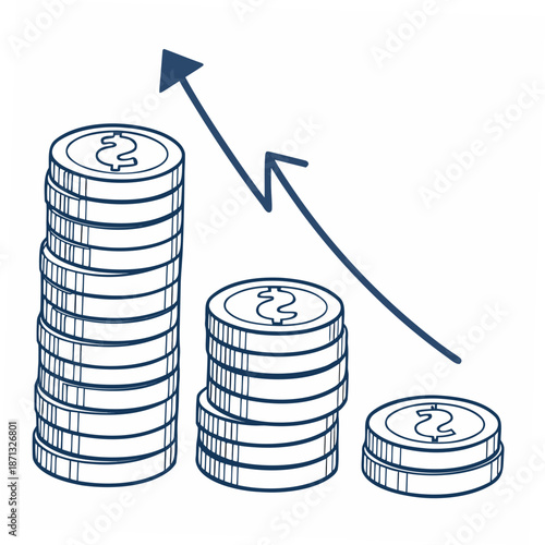 Three stacks of coins with dollar signs and an upward then downward arrow