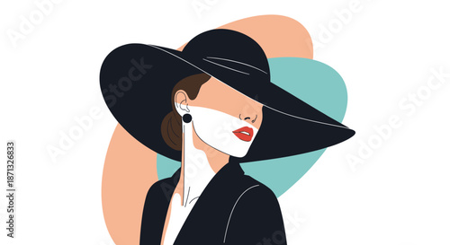 Elegant profile of a woman in a large black hat and stylish earrings against a background of peach and turquoise shapes.