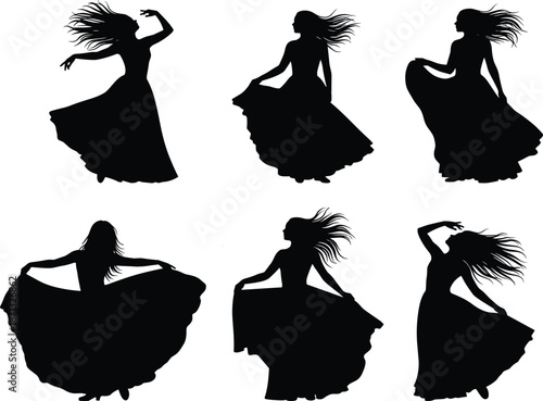 Elegant female dancer silhouettes in motion, flowing dress choreography, expressive dance poses, graceful movement art, black vector figures, flavector