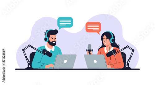 Male and female podcast hosts sitting at desks with professional microphones and laptops engaging in a creative conversation.