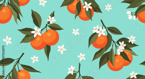 Beautiful seamless pattern of ripe oranges on branches with dark green leaves and small white flowers on turquoise.