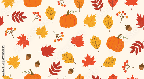 Festive autumn seamless pattern with orange pumpkins, colorful fall leaves, and red berry clusters on cream background.