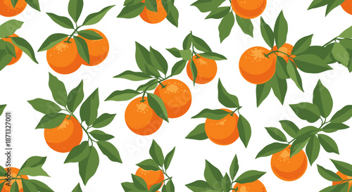 Seamless repeat pattern of juicy oranges on branches with lush green leaves on a clean white background for summer.