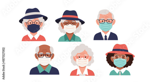 Diverse group of five elderly men and women wearing protective face masks for essential health and safety measures.