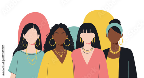 Diverse group of four women standing together in stylish colorful outfits with abstract shapes in the background.