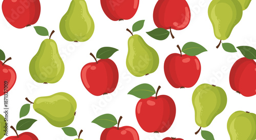 Colorful seamless pattern featuring red apples and green pears with small leaves scattered on a white background.