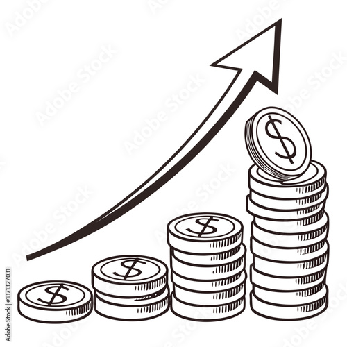 Stacks of coins with dollar sign and upward arrow growth