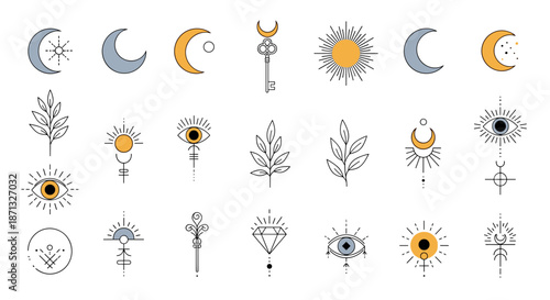 Collection of various mystical and esoteric symbols including eyes, suns, moons, and magical objects in line art style.