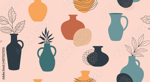 Minimalist seamless pattern featuring stylized ceramic vases and jugs with plant leaves in modern earthy tones.