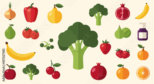 Extensive set of flat fruit and vegetable icons including broccoli, banana, cherry, and more on a neutral light background.