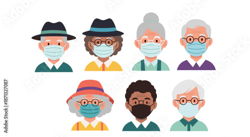 Group of seven diverse senior citizens wearing protective medical face masks for important pandemic prevention and safety.