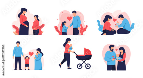 Detailed collection of family and parenting illustrations including pregnancy, child care, and moments of bonding.