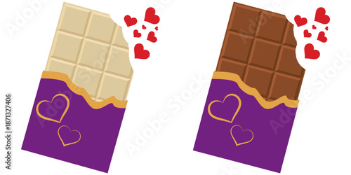 Two illustrations of a partially unwrapped chocolate bar with a bite taken out, surrounded by floating hearts and dots, symbolizing love and sweetness.