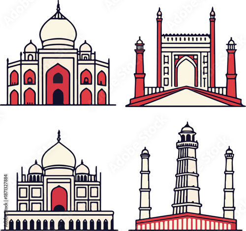 An iconic Taj Mahal India vector illustration featuring the landmark monument architecture and temple silhouette as a travel symbol design