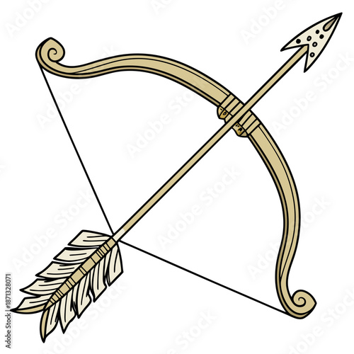 Curved golden bow with wooden styled arrow
