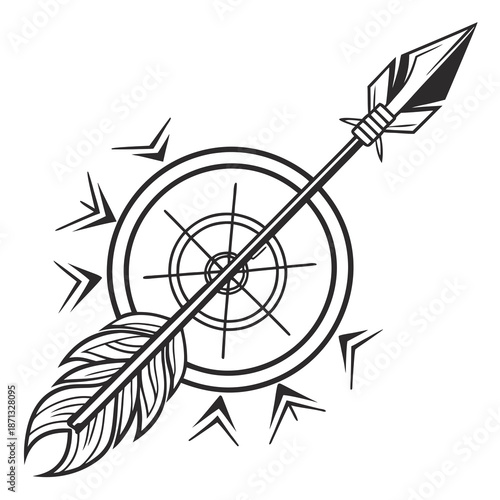 Metallic arrow piercing target with feathers and sharp lines