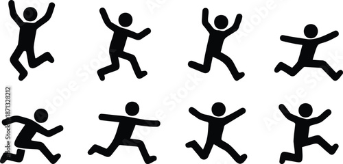 Happy jumping stickman set, Joyful celebration human silhouettes, Excited movement stickman icons